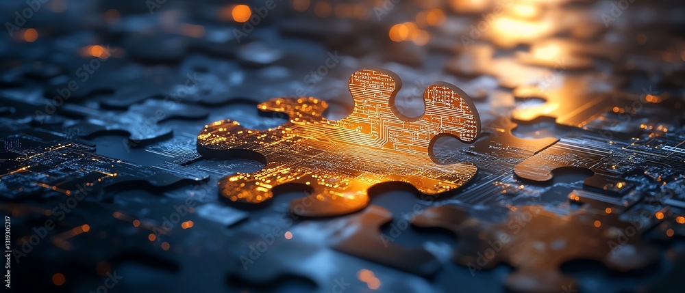 Aufkleber Puzzle pieces with embedded digital circuits, showcasing the integration and complexity of DevOps in a sleek, modern design