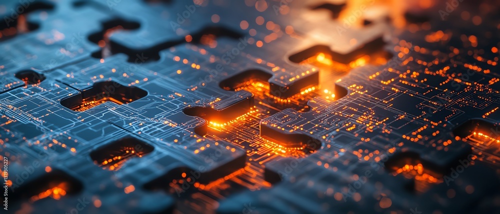 Aufkleber Puzzle pieces with embedded digital circuits, showcasing the integration and complexity of DevOps in a sleek, modern design