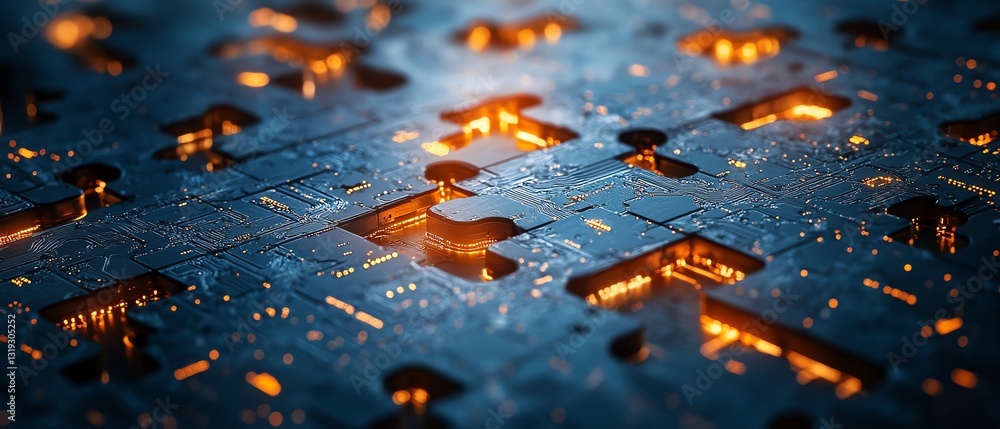 Aufkleber Puzzle pieces with embedded digital circuits, showcasing the integration and complexity of DevOps in a sleek, modern design