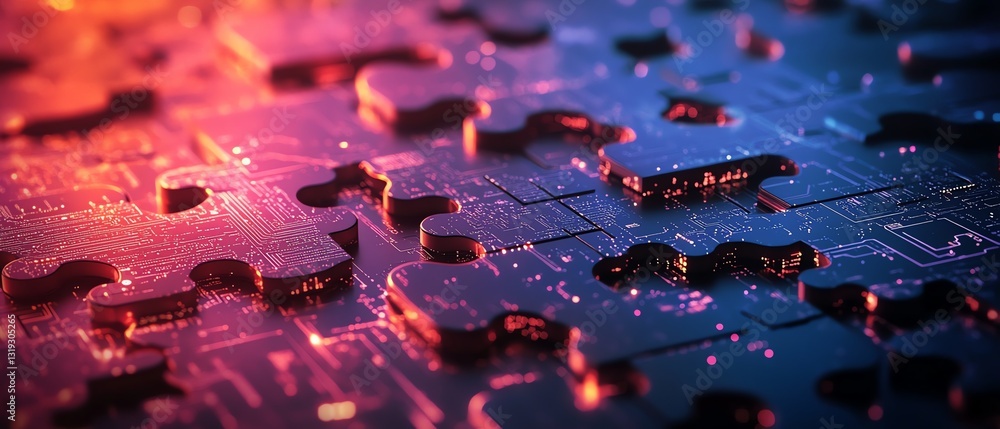 Aufkleber Puzzle pieces with embedded digital circuits, showcasing the integration and complexity of DevOps in a sleek, modern design