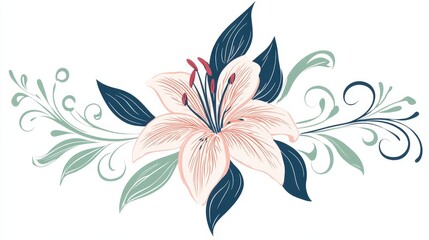Obraz premium A vivid pink lily turns gracefully left, with petals softly unfurling to the right, adorned by a captivating blue-green floral pattern