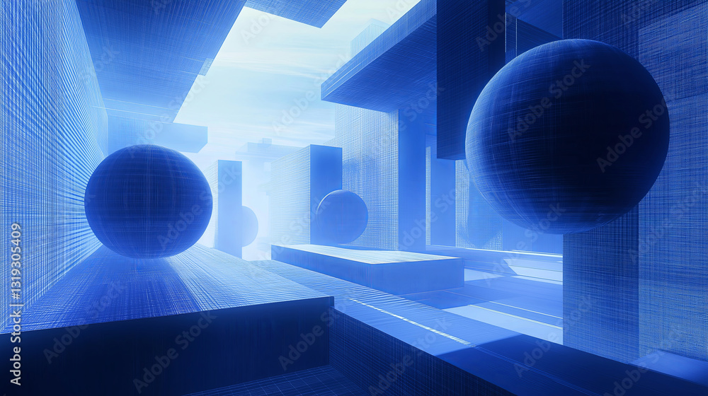 Aufkleber A 3D rendering of abstract shapes floating in a futuristic space