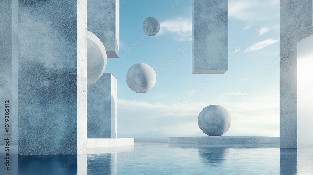 Aufkleber A 3D rendering of abstract shapes floating in a futuristic space