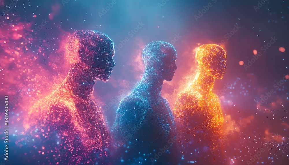Aufkleber Three futuristic digital human figures immersed in a colorful abstract environment, illustrating data visualization and advanced analytics in motion