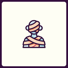 Cartoon depiction of mummy figure wrapped in bandages, spooky season graphic