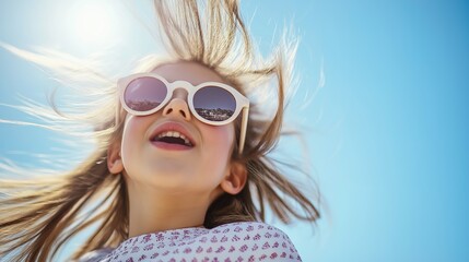 Fototapeta premium Girl making a playful expression with sunglasses, radiating joy and spontaneity.