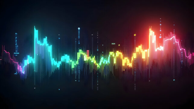 Abstract Digital Visualization Of A Colorful Spectrum Wave With Dynamic Lines And Glowing Effects Against A Dark Background Displaying Data