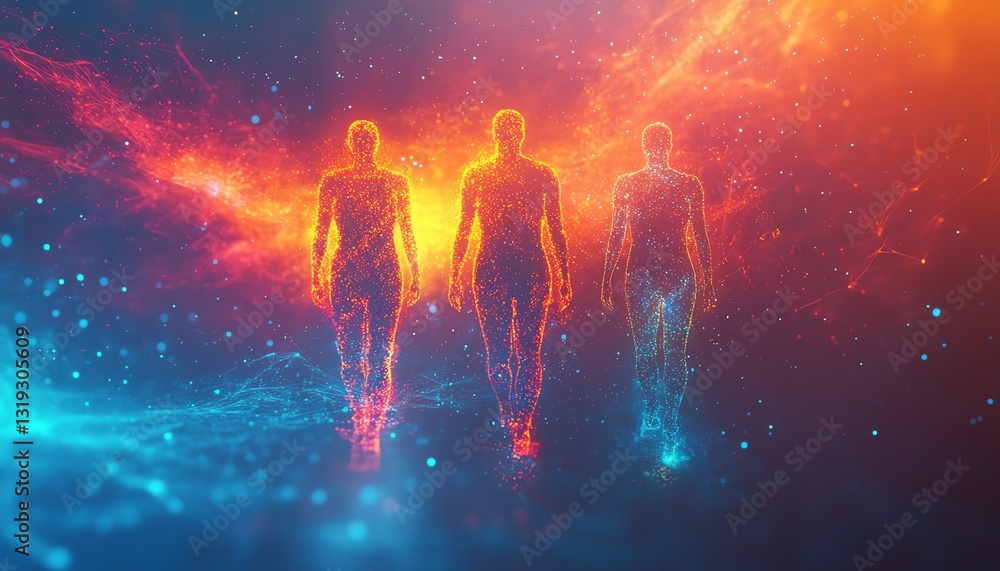 Aufkleber three glowing digital human figures in a colorful, abstract space, symbolizing data analysis and vis