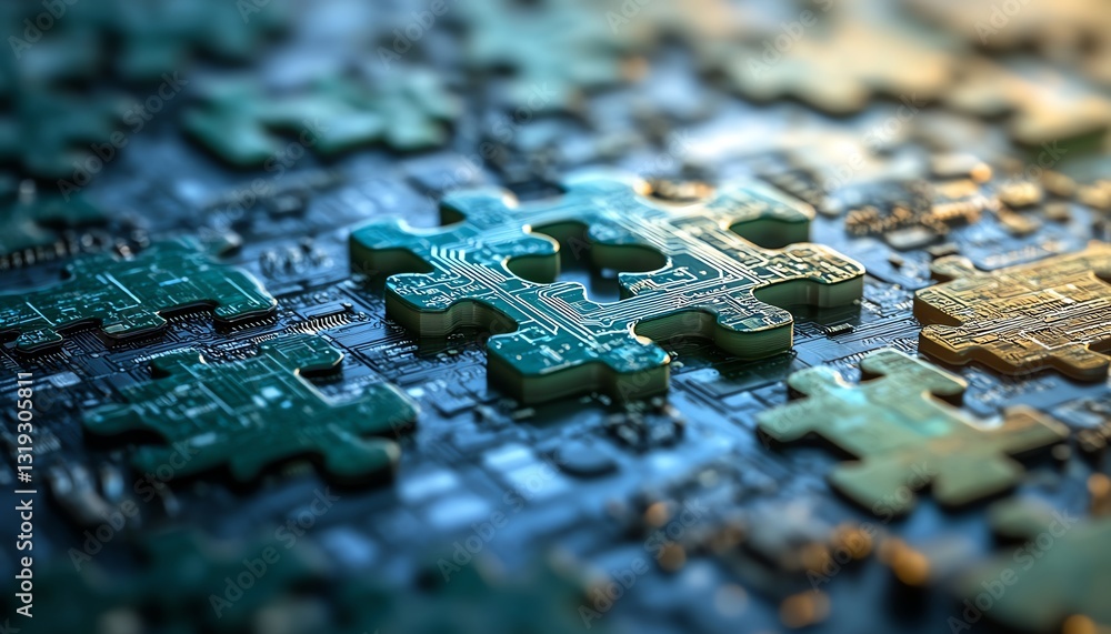 Poster A 3D puzzle with digital circuit designs, symbolizing the complex and integrated nature of DevOps technology
