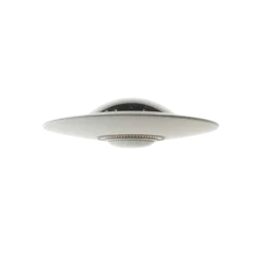 Poster A modern UFO-shaped ceiling lamp with a white base and transparent dome. Perfect for adding a futuristic touch to any room's decor. Chic and innovative lighting design.