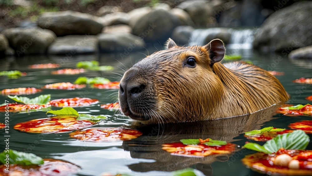Poster capybara lounging in a serene pond surrounded by floating lily pads and vibrant flowers, creating a 
