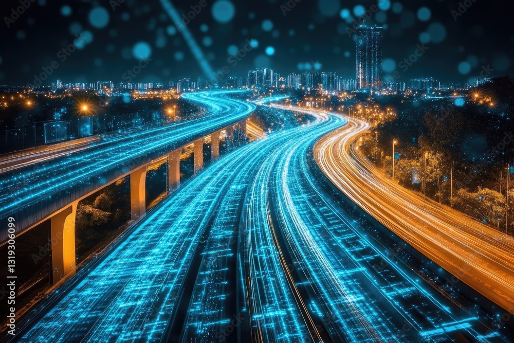 Aufkleber city highway network overlaid with digital data streams. modern infrastructure merging with technolo