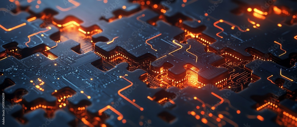Aufkleber A collection of puzzle pieces with glowing digital circuits, representing the intricate connections and complexity of DevOps systems