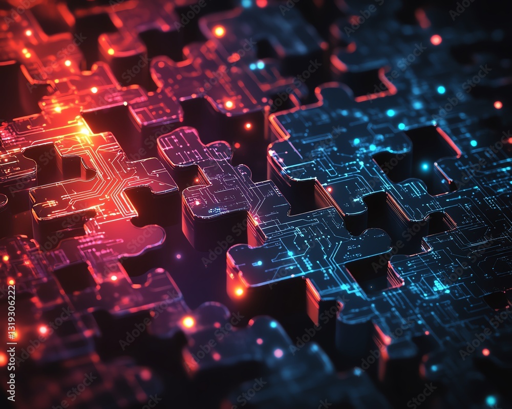 Aufkleber A digital puzzle made of interconnected puzzle pieces with circuit patterns, symbolizing the seamless integration and complexity of DevOps processes
