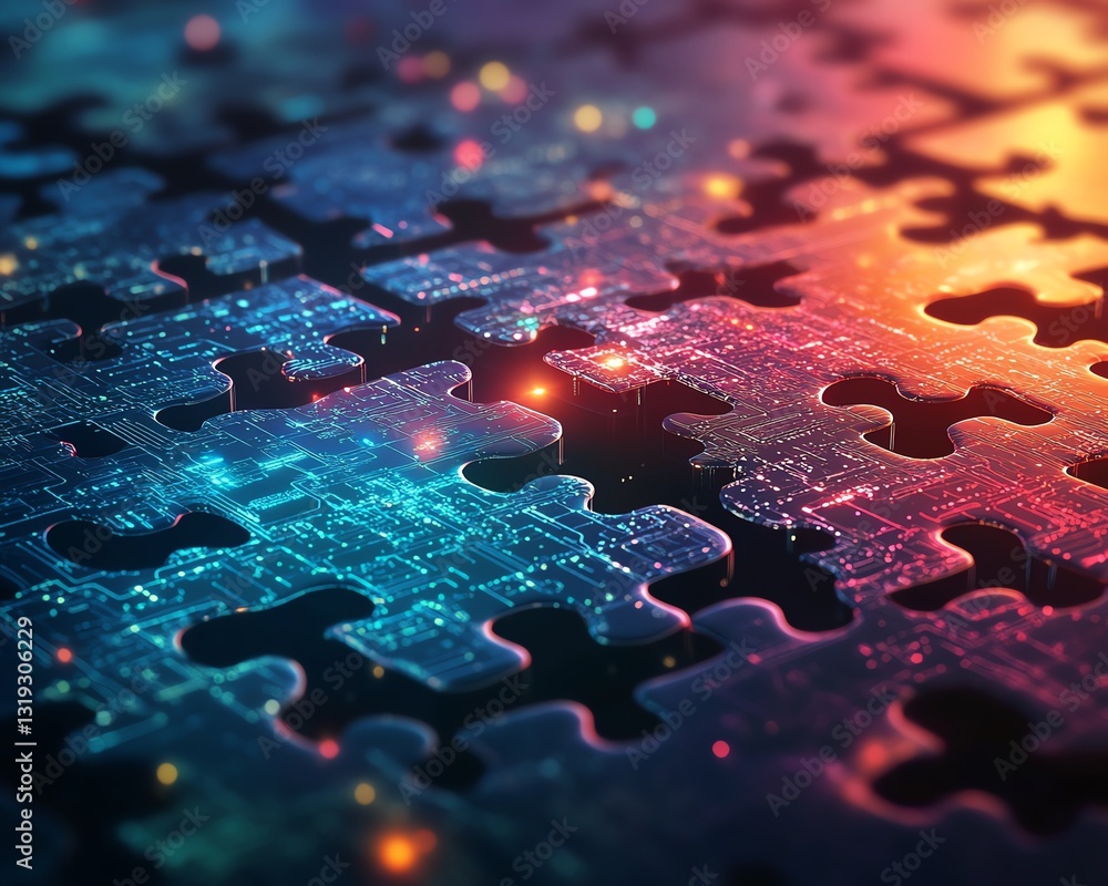 Aufkleber A digital puzzle made of interconnected puzzle pieces with circuit patterns, symbolizing the seamless integration and complexity of DevOps processes