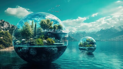 Two crystal spheres floating above water featuring landscape scenes