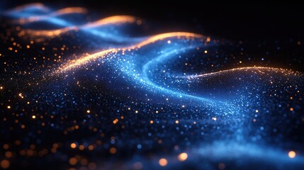 Fototapeta premium Abstract blue and orange glowing particle waves on dark background. Digital tech inspired abstract visual with flowing light particles, suitable for wallpaper.