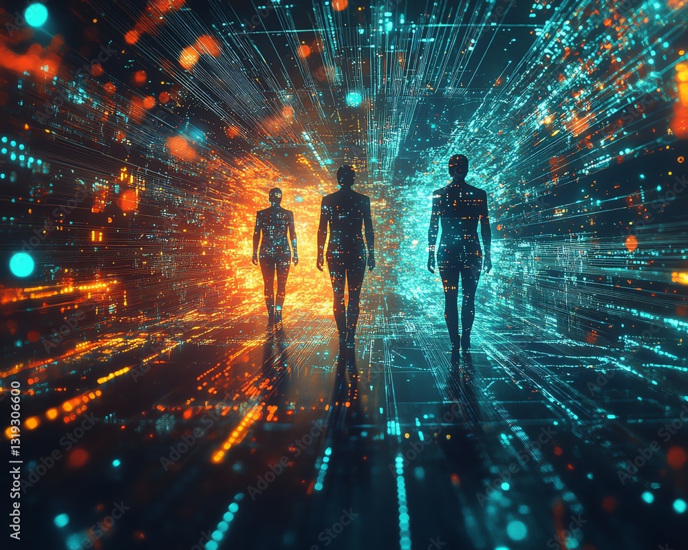 Aufkleber A futuristic scene with three digital human figures, each representing data visualization and analytics, surrounded by a burst of colorful abstract data flows