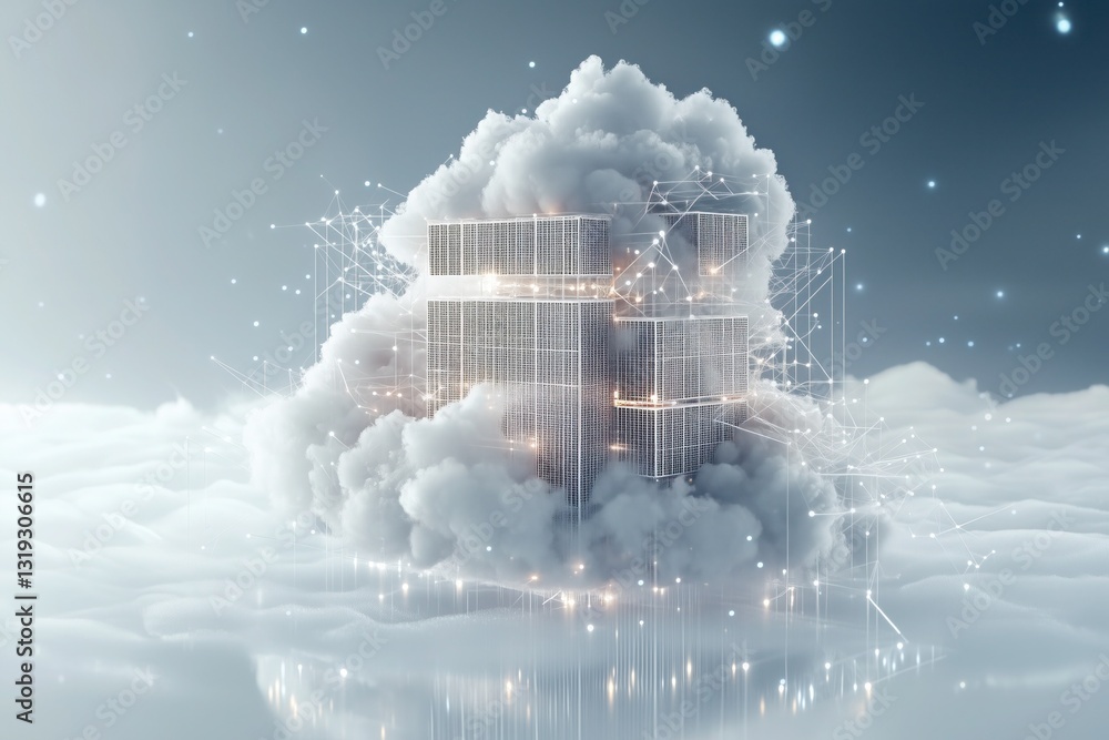Poster digital cloud with interconnected tech blocks and network lines. futuristic cloud computing concept,
