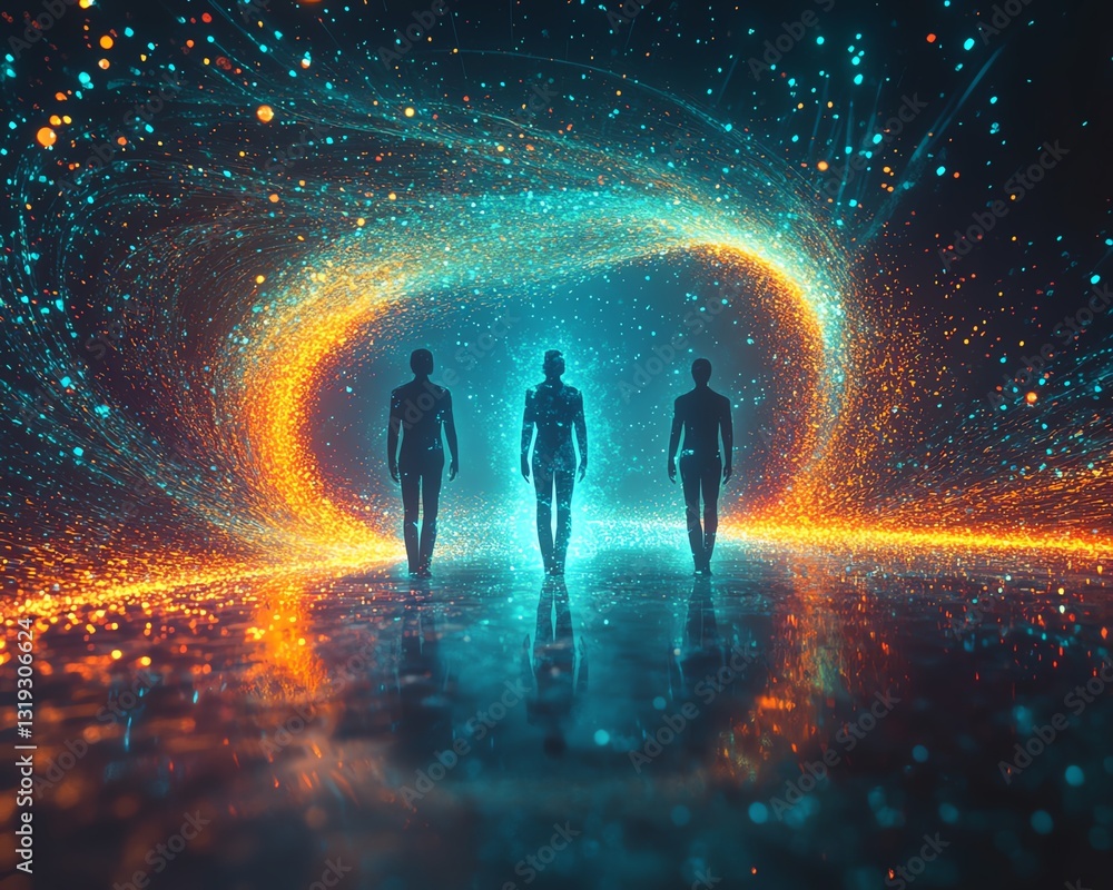 Fototapete A futuristic scene with three digital human figures, each representing data visualization and analytics, surrounded by a burst of colorful abstract data flows