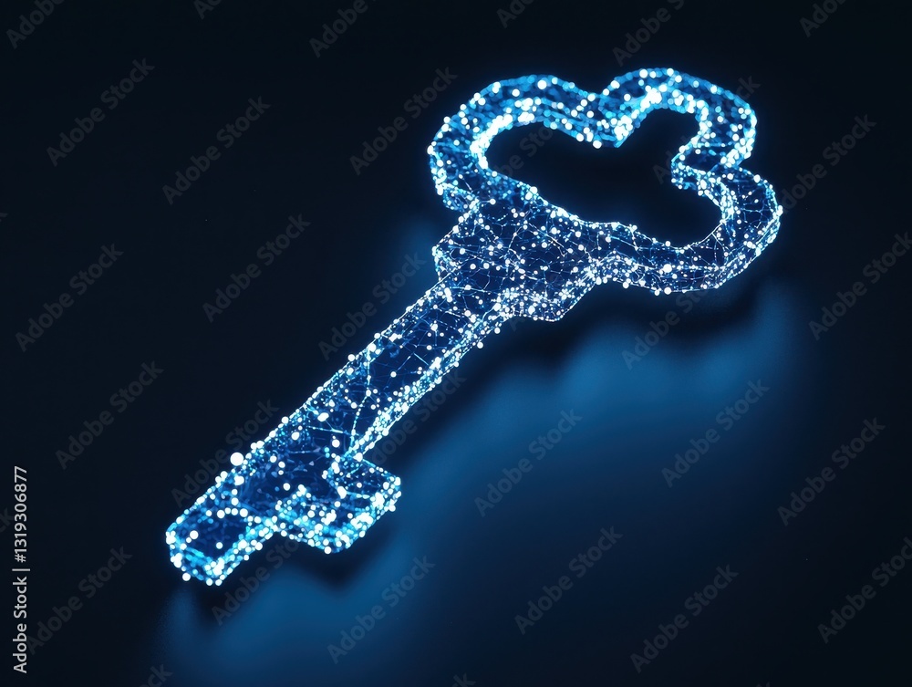 Poster glowing digital key symbolizing security and access, set against a dark background