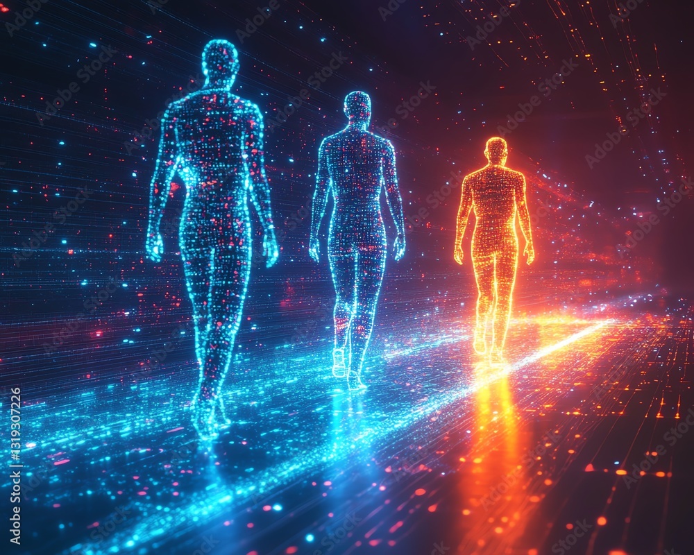 Aufkleber A vibrant and abstract scene with three digital human figures, each representing different aspects of data visualization and analytics, set in a colorful digital space