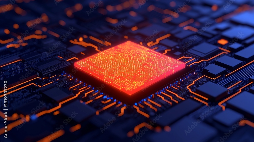 Poster illuminated microchip technology innovation digital circuit board close-up high-tech environment abs