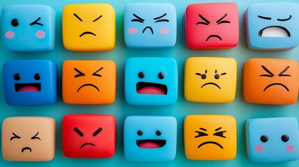 A vibrant and colorful grid of emoticons displaying various emotional expressions, including happiness, anger, surprise, and contentment, in bold hues