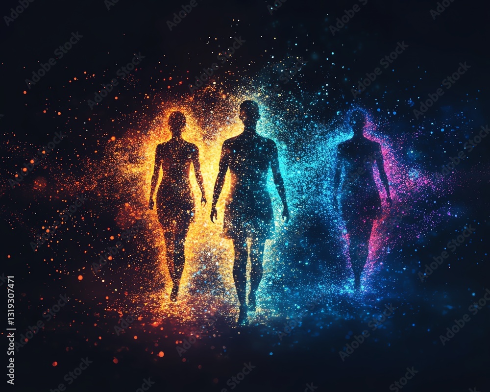 Aufkleber Abstract digital space with three human figures surrounded by flowing data patterns and vibrant colors, symbolizing data visualization and analytics