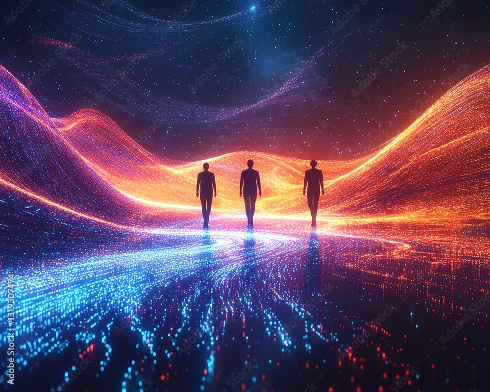 Poster abstract digital space with three human figures surrounded by flowing data patterns and vibrant colo