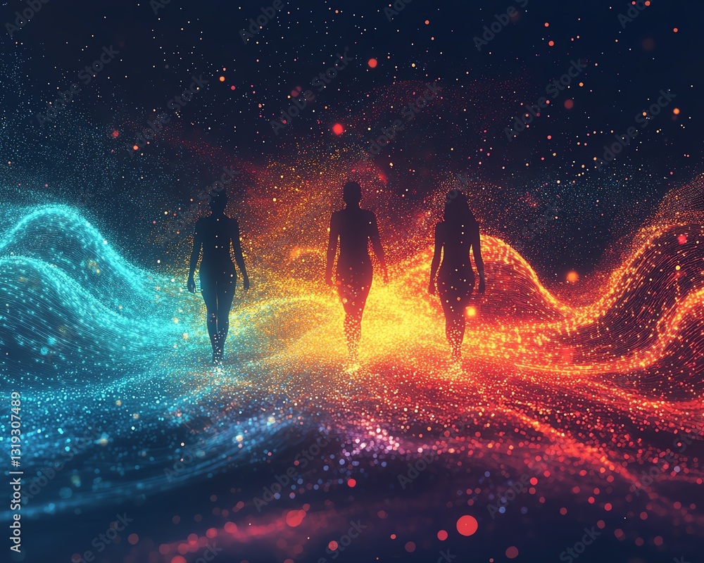 Aufkleber Abstract digital space with three human figures surrounded by flowing data patterns and vibrant colors, symbolizing data visualization and analytics