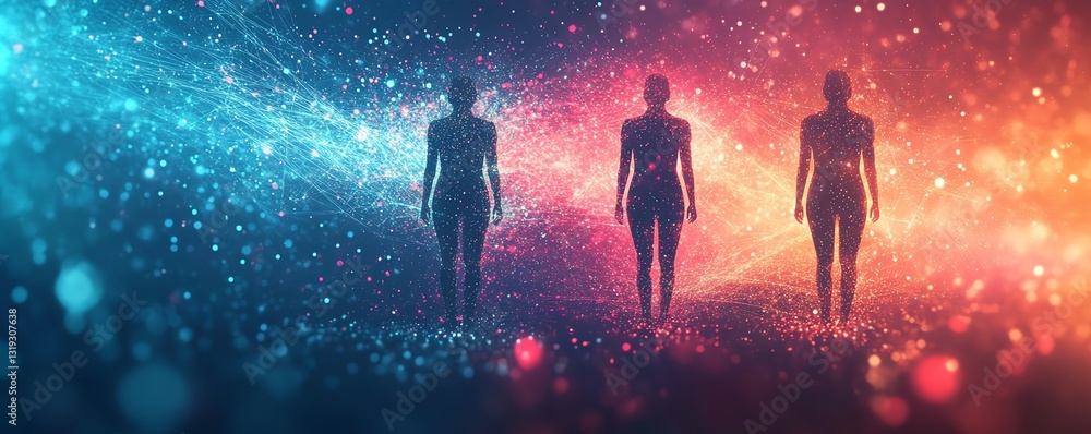 Aufkleber Abstract space with three digital human figures, each symbolizing data analytics and visualization, surrounded by vibrant colors and dynamic shapes
