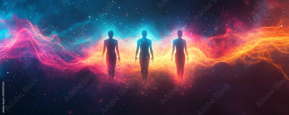 Poster abstract space with three digital human figures, each symbolizing data analytics and visualization, 