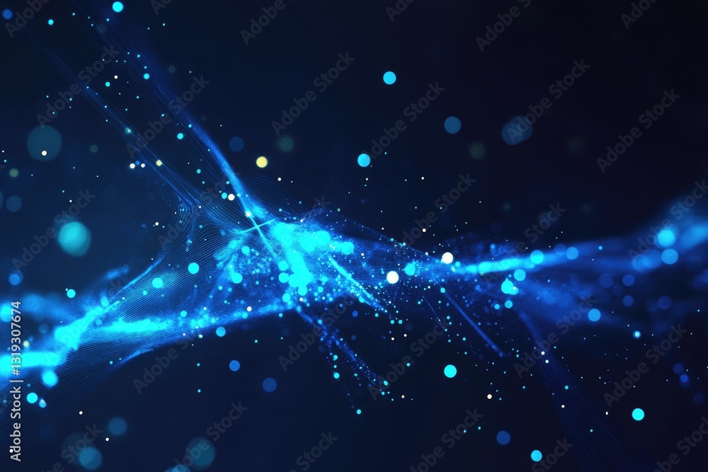 Poster abstract digital art of luminous particles flowing in a dark background