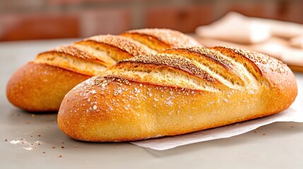 Two artisan breads beautifully displayed on a table with grains sprinkled on top celebrating traditional baking techniques