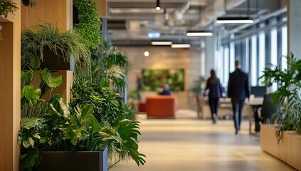 A green living wall in an office space, creating a natural and sustainable atmosphere for employees to work productively and relaxed with the presence of plants. In the blurred background