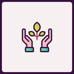 Iconic representation of gentle hands nurturing a young, budding plant