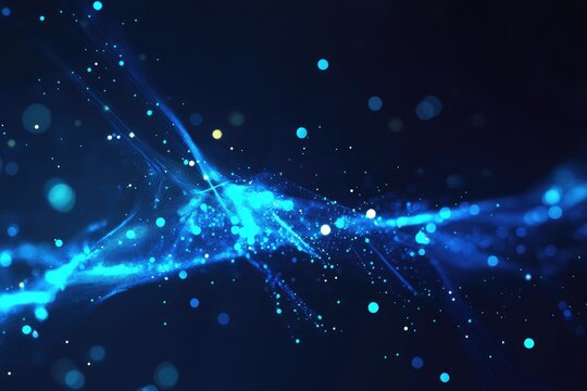 Abstract digital art of luminous particles flowing in a dark background - Powered by Adobe