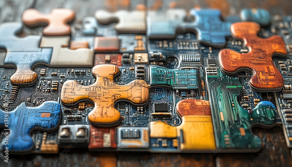 Poster Futuristic puzzle pieces with digital circuits, illustrating the complexity and integration of DevOps technology and processes