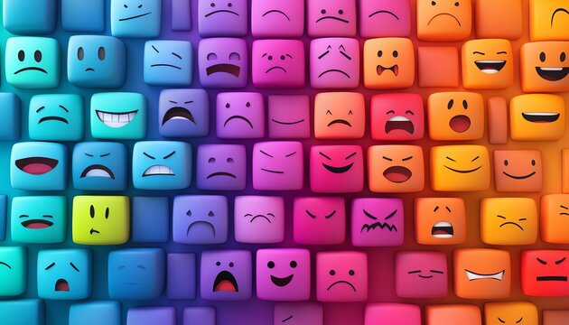 Colorful grid of emoticons with various emotional faces, from joy to frustration, in a rainbow of bright, bold colors