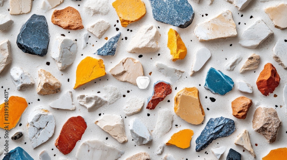 Poster an array of various stones and pebbles lies scattered on a sandy surface, showcasing rich hues of or