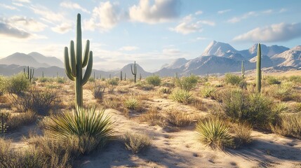 Majestic Saguaro Cactus Standing Tall Under A Serene Desert Sunrise, Showcasing The Breathtaking Beauty Of The Sonoran Landscape With Soft Light And Distant Mountains