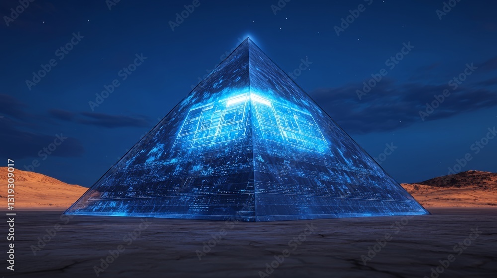 Poster exploring a futuristic pyramid in a serene desert landscape at night with digital designs and high-t