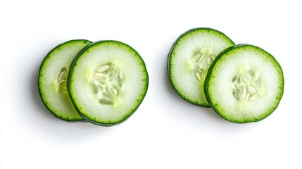 Top view of a fresh cucumber slice isolated on white background, showcasing crisp texture, vibrant green color, and juicy interior, perfect for healthy food concepts, organic ingredients, vegetarian d