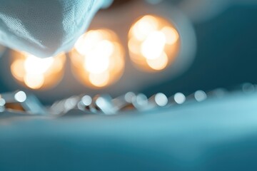close-up of surgical tool tray with instruments neatly arranged in symmetrical order illuminated by operating room