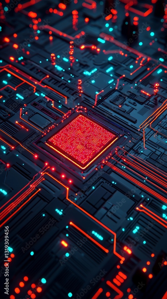 Poster futuristic circuit board in red glow digital realm abstract art cyber environment close-up view tech