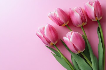 Fototapeta premium Delicate pink tulips on a soft pink background