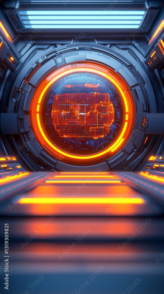 Poster futuristic sci-fi corridor with dynamic display space station digital art high-tech environment clos