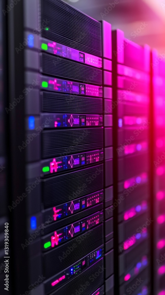 Poster illuminated data center servers showcasing advanced technology modern facility digital infrastructur