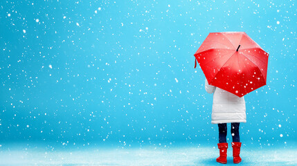 A person in a white coat and red boots stands beneath a vibrant red umbrella while snowflakes gently fall around. The bright blue background enhances the tranquil winter scene